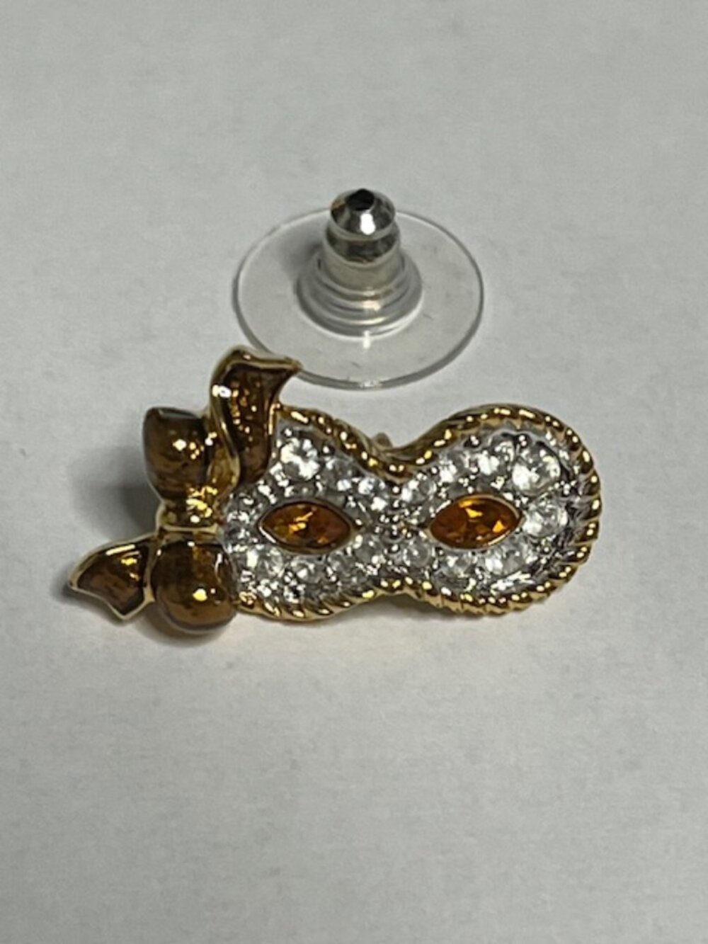 Masquerade Mask Swarovski Caramel White Crystals Gold Tone Ribbon Hat Vest Pin